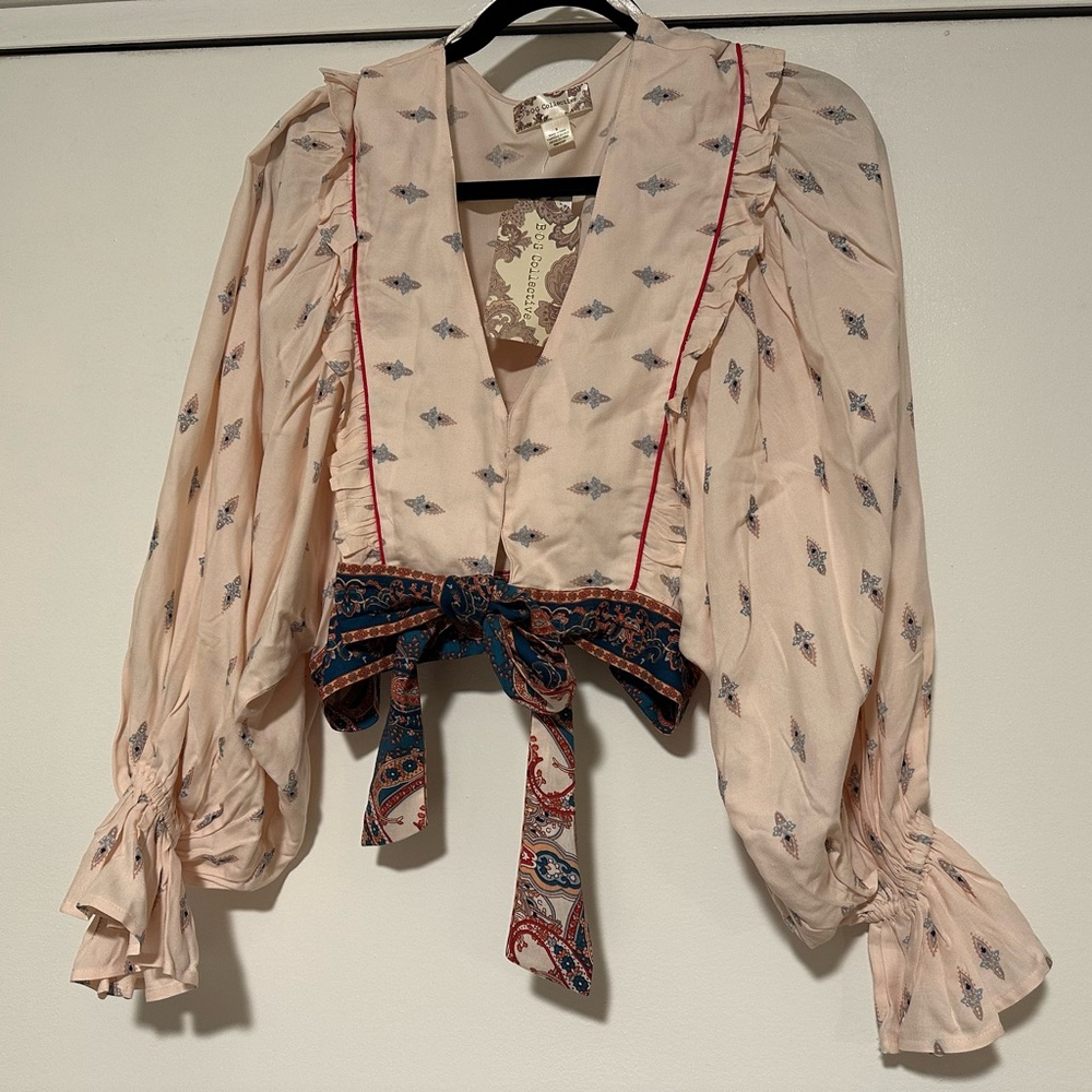 Elegant Light Pink (Blush) Blouse with Blue Accents